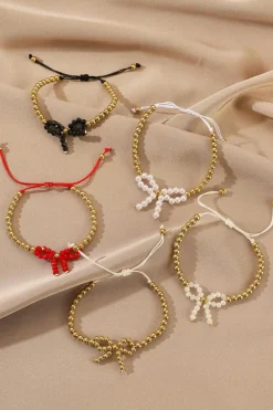 Discount Dear-Lover Pearled Bow Knot Plated Beads Adjustable Bracelet White