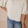 Clearance Dear-Lover Pearled Puff Sleeve Round Neck Loose Top White