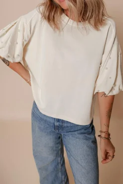 Clearance Dear-Lover Pearled Puff Sleeve Round Neck Loose Top White
