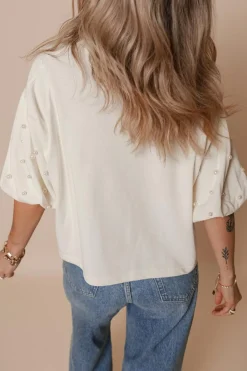 Clearance Dear-Lover Pearled Puff Sleeve Round Neck Loose Top White
