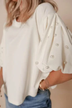 Clearance Dear-Lover Pearled Puff Sleeve Round Neck Loose Top White