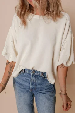 Clearance Dear-Lover Pearled Puff Sleeve Round Neck Loose Top White