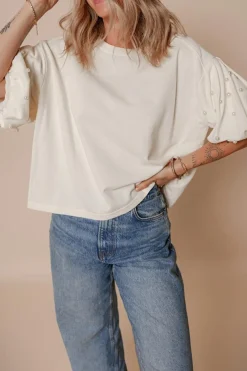 Clearance Dear-Lover Pearled Puff Sleeve Round Neck Loose Top White