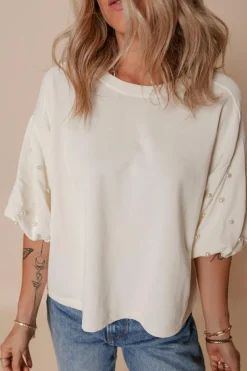 Clearance Dear-Lover Pearled Puff Sleeve Round Neck Loose Top White