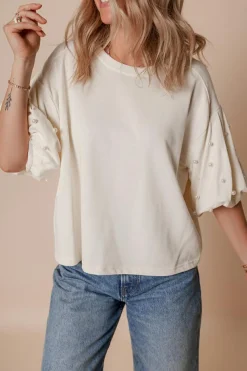 Clearance Dear-Lover Pearled Puff Sleeve Round Neck Loose Top White