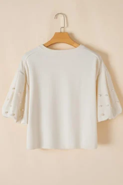 Clearance Dear-Lover Pearled Puff Sleeve Round Neck Loose Top White