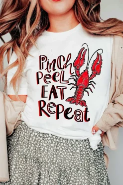 New Dear-Lover Pinch Peel Eat Repeat Crawfish Print Crew Neck Tee White
