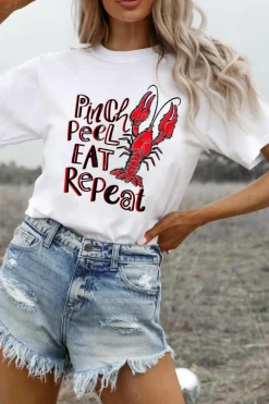 New Dear-Lover Pinch Peel Eat Repeat Crawfish Print Crew Neck Tee White