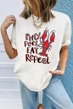 New Dear-Lover Pinch Peel Eat Repeat Crawfish Print Crew Neck Tee White