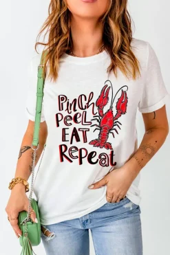 New Dear-Lover Pinch Peel Eat Repeat Crawfish Print Crew Neck Tee White