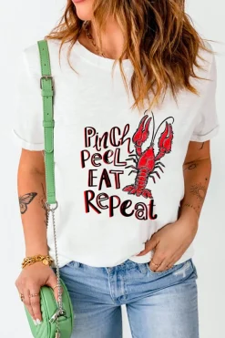 New Dear-Lover Pinch Peel Eat Repeat Crawfish Print Crew Neck Tee White