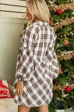 New Dear-Lover Plaid Bubble Sleeve Flowy Shirt Dress White