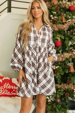 New Dear-Lover Plaid Bubble Sleeve Flowy Shirt Dress White
