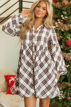 New Dear-Lover Plaid Bubble Sleeve Flowy Shirt Dress White
