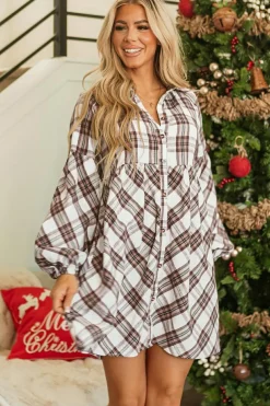 New Dear-Lover Plaid Bubble Sleeve Flowy Shirt Dress White