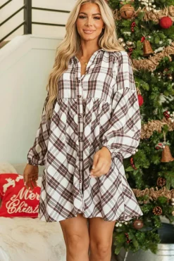 New Dear-Lover Plaid Bubble Sleeve Flowy Shirt Dress White