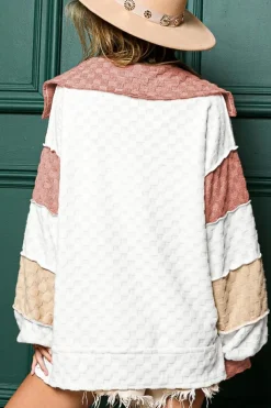 Best Dear-Lover Plaid Patchwork Exposed Seam V Neck Loose Top White