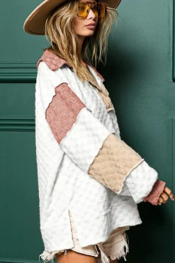 Best Dear-Lover Plaid Patchwork Exposed Seam V Neck Loose Top White