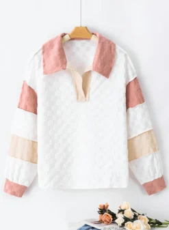 Best Dear-Lover Plaid Patchwork Exposed Seam V Neck Loose Top White