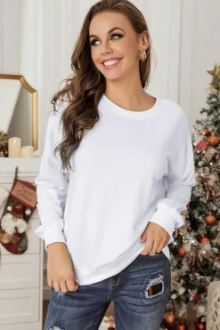 Hot Dear-Lover Plain Crew Neck Pullover Sweatshirt White