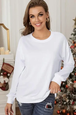 Hot Dear-Lover Plain Crew Neck Pullover Sweatshirt White