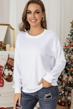 Hot Dear-Lover Plain Crew Neck Pullover Sweatshirt White