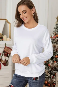 Hot Dear-Lover Plain Crew Neck Pullover Sweatshirt White
