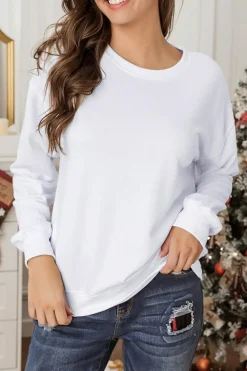 Hot Dear-Lover Plain Crew Neck Pullover Sweatshirt White