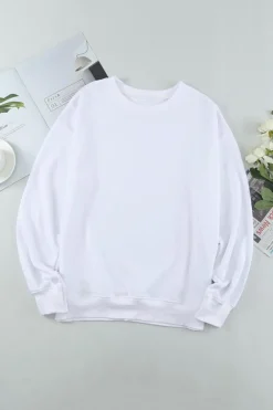 Hot Dear-Lover Plain Crew Neck Pullover Sweatshirt White