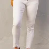 Sale Dear-Lover Plain High Waist Buttons Frayed Cropped Denim Jeans White