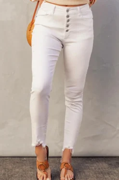 Sale Dear-Lover Plain High Waist Buttons Frayed Cropped Denim Jeans White