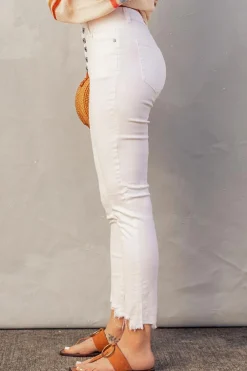 Sale Dear-Lover Plain High Waist Buttons Frayed Cropped Denim Jeans White