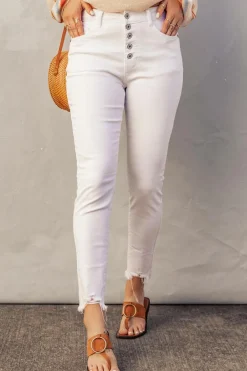 Sale Dear-Lover Plain High Waist Buttons Frayed Cropped Denim Jeans White