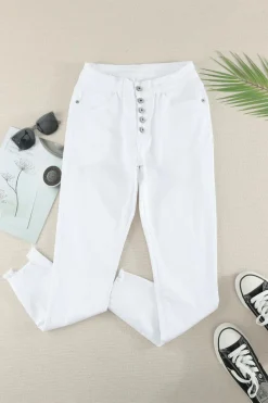 Sale Dear-Lover Plain High Waist Buttons Frayed Cropped Denim Jeans White