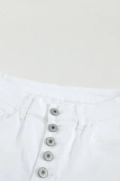 Sale Dear-Lover Plain High Waist Buttons Frayed Cropped Denim Jeans White