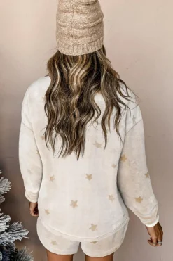 Best Dear-Lover Plush Star Pattern Long Sleeve Pullover and Shorts Lounge Set White