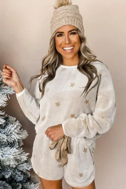 Best Dear-Lover Plush Star Pattern Long Sleeve Pullover and Shorts Lounge Set White