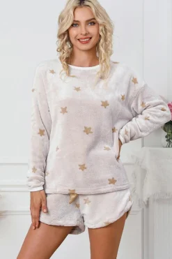 Best Dear-Lover Plush Star Pattern Long Sleeve Pullover and Shorts Lounge Set White