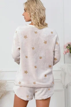 Best Dear-Lover Plush Star Pattern Long Sleeve Pullover and Shorts Lounge Set White