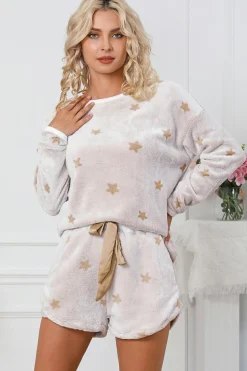 Best Dear-Lover Plush Star Pattern Long Sleeve Pullover and Shorts Lounge Set White