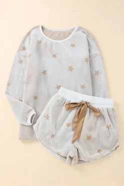 Best Dear-Lover Plush Star Pattern Long Sleeve Pullover and Shorts Lounge Set White