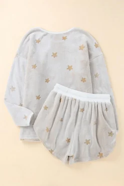 Best Dear-Lover Plush Star Pattern Long Sleeve Pullover and Shorts Lounge Set White