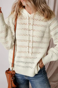 Discount Dear-Lover Pointelle Knit Raglan Sleeve Hooded Sweater White