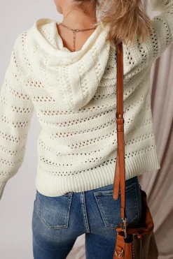 Discount Dear-Lover Pointelle Knit Raglan Sleeve Hooded Sweater White