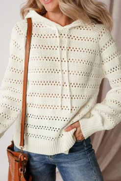 Discount Dear-Lover Pointelle Knit Raglan Sleeve Hooded Sweater White