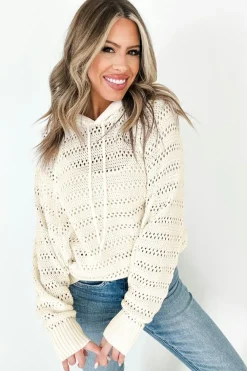 Discount Dear-Lover Pointelle Knit Raglan Sleeve Hooded Sweater White