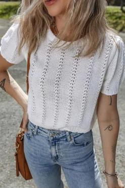Fashion Dear-Lover Pointelle Knit Short Puff Sleeve Crewneck Sweater White