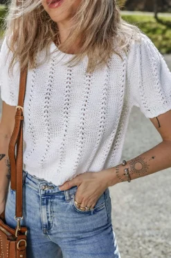 Fashion Dear-Lover Pointelle Knit Short Puff Sleeve Crewneck Sweater White
