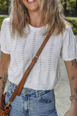 Fashion Dear-Lover Pointelle Knit Short Puff Sleeve Crewneck Sweater White