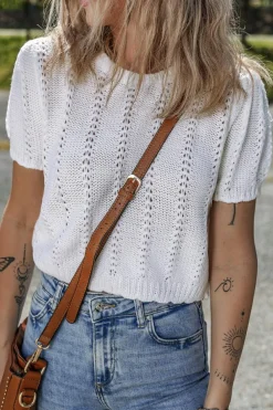 Fashion Dear-Lover Pointelle Knit Short Puff Sleeve Crewneck Sweater White